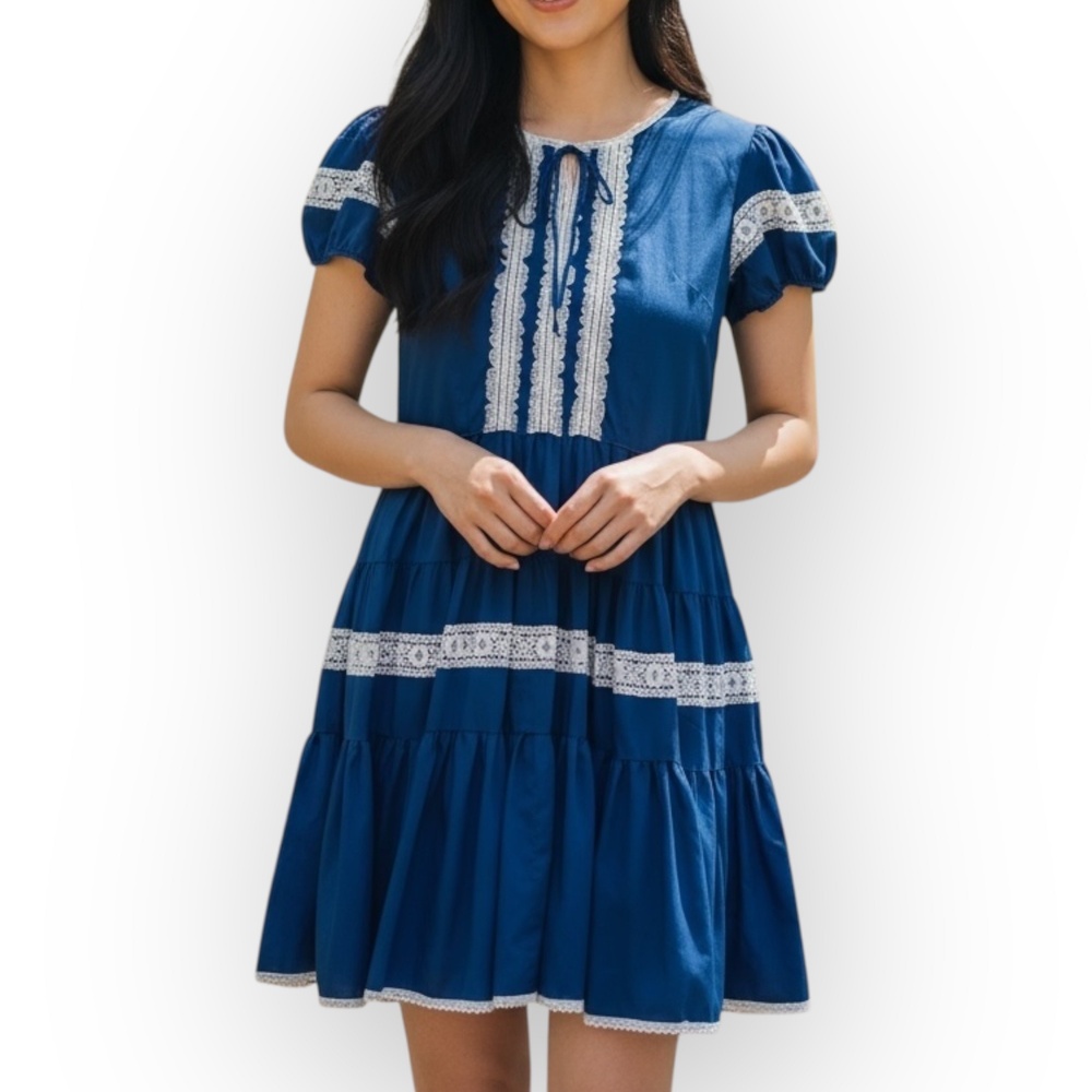 Kate Schorer Blue Pioneer Prairie Dress Size Medium Lace Trim Puff Sleeve VTG